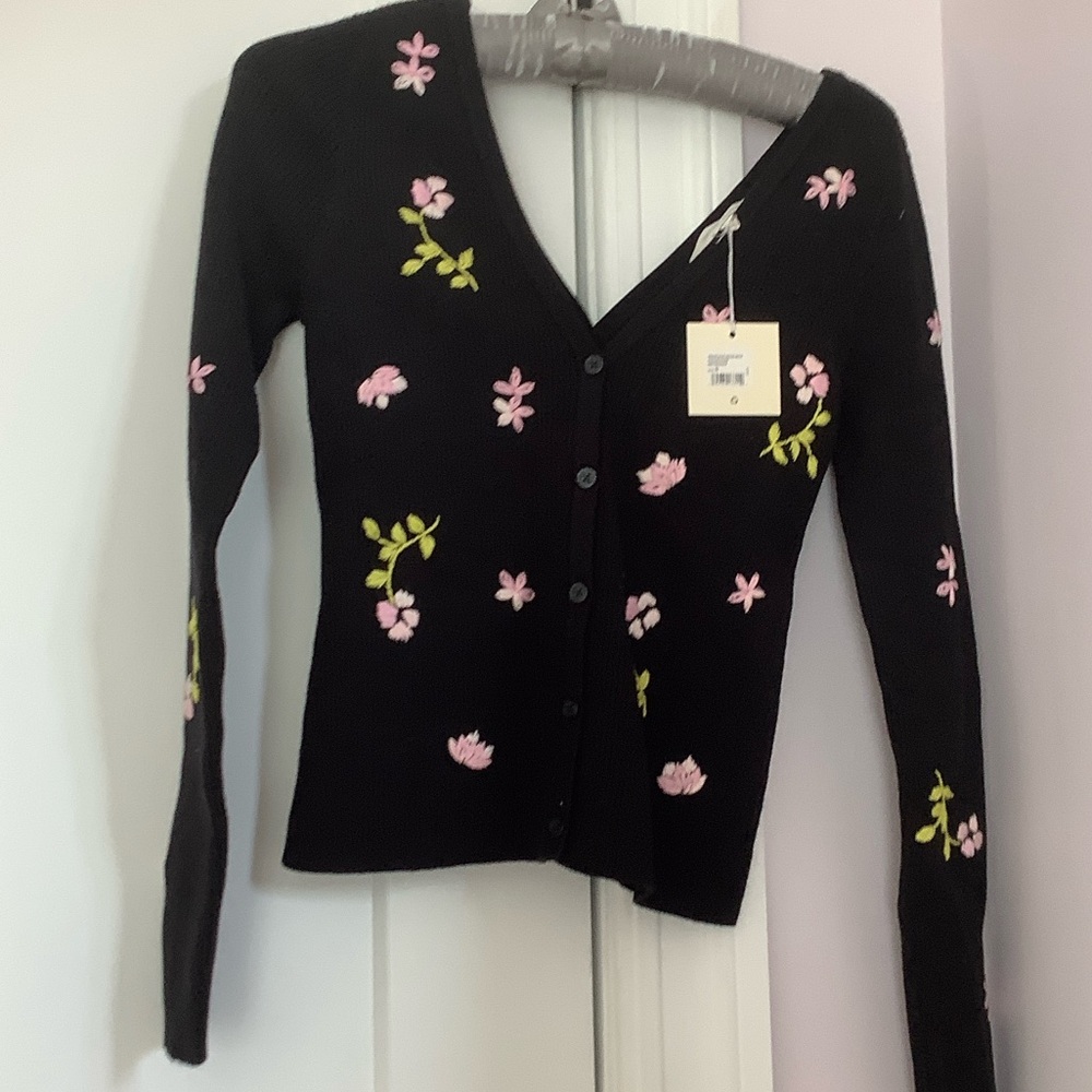 Favorite Daughter Black Cardigan with Floral Embroidery